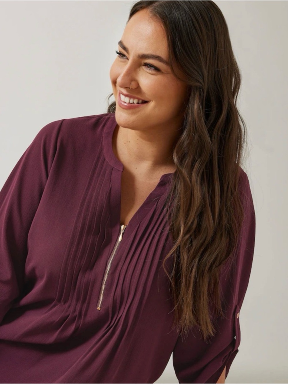 Evans Purple Zip Pintuck Shirt Plus-Size Plum Blouse Gold Zipper & Buttons - Picture 15 of 16